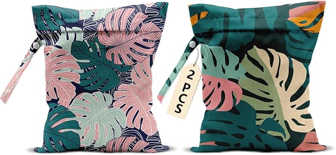 2Pcs Abstract Palm Leaves Wet Bag 12x10 Inch, Summer Greenery Waterproof Travel Laundry Bags, Washable Reusable Wet Dry Bag for Swimsuit Beach Diapers Dirty Yoga Gym Clothes, Plant Gifts for Women