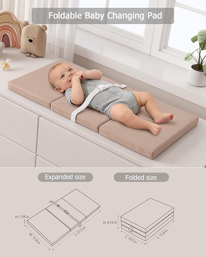 YACODAVO Foldable Baby Changing Pad with Vegan Leather Cover, Standard Side Waterproof & Wipeable Changing Pad for Toddler, Flat Foam Travel Diaper Changing Pad for Dresser and Table, Light Brown