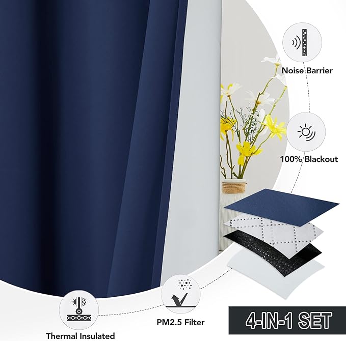RYB HOME Dustproof Curtains for Large Window, Soundproof Thermal Insulated Blackout Curtains for Sliding Glass Door Furance Office Dorm Bedroom Living Room, Navy Blue, W62 x L84 inch, 2 Panels