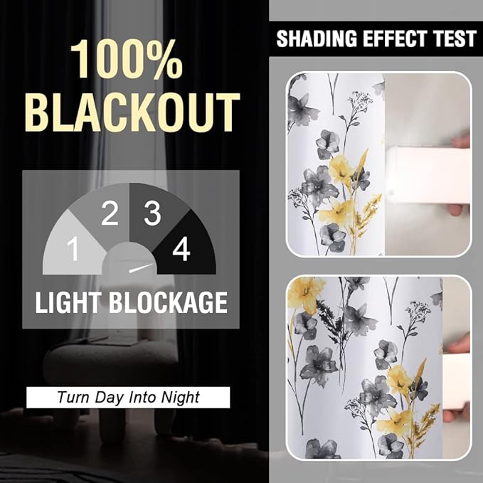 H.VERSAILTEX 100% Blackout Curtains 84 inch Length 2 Panels Set Cattleya Floral Printed Drapes Leah Floral Thermal Curtains for Bedroom with Black Liner Sound Proof Curtains, Grey and Yellow