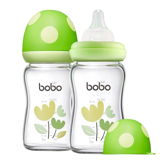 YOHKOH Natural Glass Baby Bottle with Level 1 Slow Flow Nipple, Newborn Anti-Colic Baby Bottles, Wide Neck Mushroom Baby Glass Bottle (Green, (5.4oz (Pack of 2))