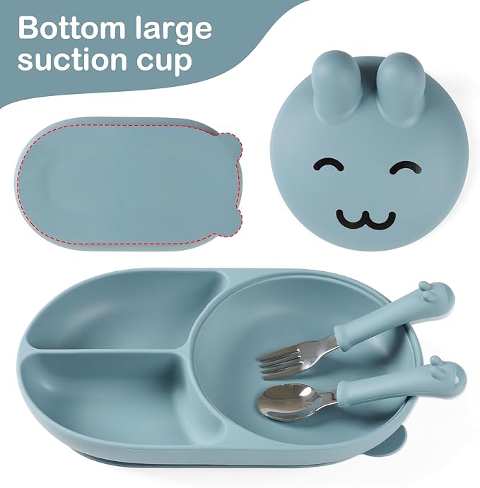 Silicone Baby Plate,Toddler plates,Self-feeding of infants after weaning, 100% Food Grade Silicone, BPA Free, Baby Dinnerware, Baby Plates With Suction, Divided Plate for Babies(blue)