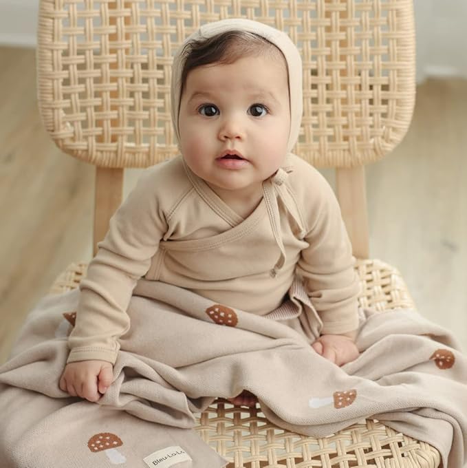 Knit Baby Blanket for Girls and Boys 100% Cotton Buttery Soft Cozy Receiving Swaddle Crib Stroller Blanket for Shower Gift Registry for Newborns, Infants, Toddlers (Mushroom - Mocha)