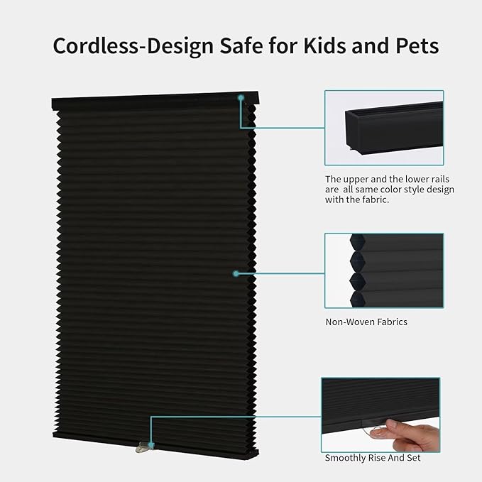MYshade Cordless Blackout Window Blinds & Shades Pull Down Room Darkening Window Shades Light Blocking Honeycomb Cellular Shade for Indoor Windows Easy to Install 36 inch Wide, H72 Black Blinds
