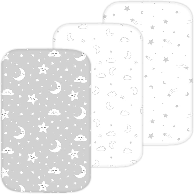 Bassinet Sheets for Airclub, AMKE, LovliTod Baby, Bonbay, Bellababy Bedside Bassinet Sleeper by TansyPanda, 3PC, 20x33, Ultra Soft, Breathable, Snug Fit, Unisex Boys, Girls, Gray (Stars, Clouds)