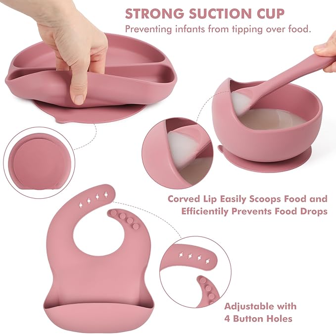 Silicone Baby Feeding Set 15 Pcs，Baby Spoons Suction Bowl Divided Plate Bib Cup Finger Brush ，Baby Led Weaning Supplies,Baby & Toddler Silicone Plates and Bowls Dining Set（pink）