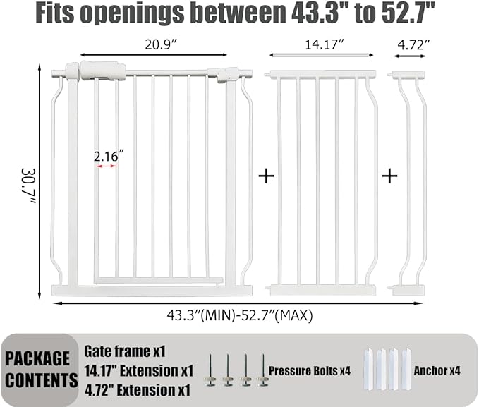 Extra Wide Baby Gate - 48-52.7 Inch Tension Mounted Safety Child & Pet Gate - White Metal - Walk Through - Long - for House Doorways & Stairs