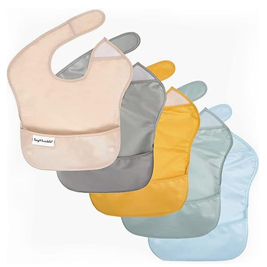 Tiny Twinkle Mess-Proof Baby Bibs for Eating | Waterproof, Wipeable Toddler Bibs with Catch-All Pocket | Feeding Bibs for Girls & Boys(5 Pack,Unisex Solids)