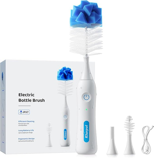 Klarpul Electric Bottle Brush Cleaner, IPX7 Waterproof Baby Bottle Brush with Replaceable Nipple Cleaning Kit & Extender Rod, 2 Speed Modes, 360° Auto Cleaning, 2000mAh Battery, Rechargeable, Blue