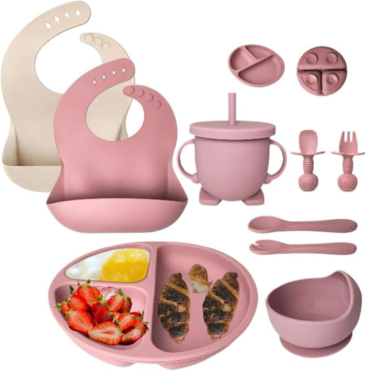 Mutualproducts 10 Pcs Baby Utensils – Silicone Baby Spoons and Forks for Self Feeding – Suction Plate - Anti-Choke Baby Feeding Supplies – Baby Led Weaning Set with 2 Bibs – Great Gift Set (Pink)