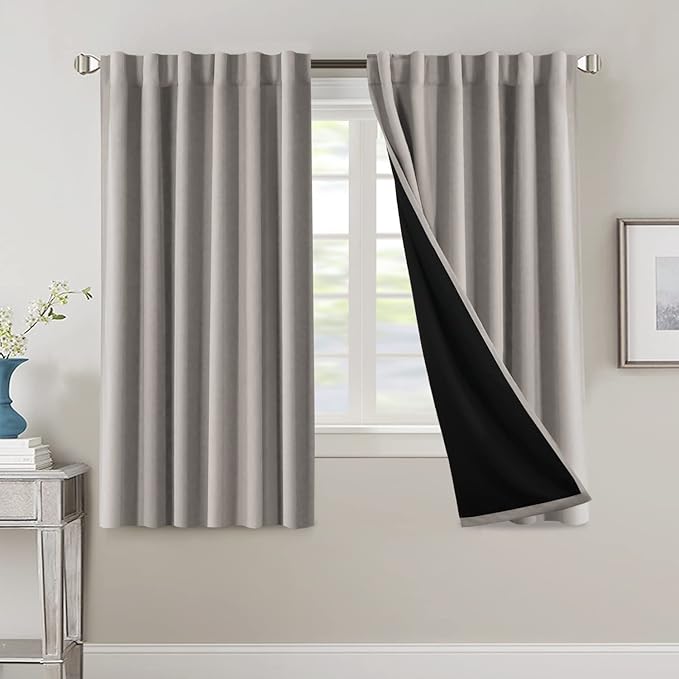 H.VERSAILTEX 100% Blackout Curtains for Bedroom with Black Liner Full Room Darkening Curtains 63 Inches Long Thermal Insulated Back Tab/Rod Pocket Window Drapes for Living Room, 2 Panels, Warm Taupe