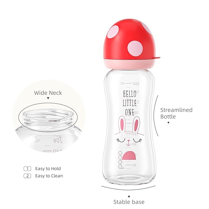 YOHKOH Natural Glass Baby Bottle with Level 2 Medium Flow Nipple, Newborn Anti-Colic Baby Bottles, Wide Neck Mushroom Baby Glass Bottle (8.8ounce (Pack of 4), Red1)