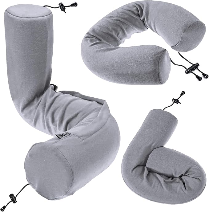 Dot&Dot Twist Memory Foam Travel Pillow for Airplanes - Travel Neck Pillow for Sleeping - Airplane Pillow for Neck Support, Chin, Lumbar and Leg - Adjustable, Bendable Neck Roll Pillow - Gray
