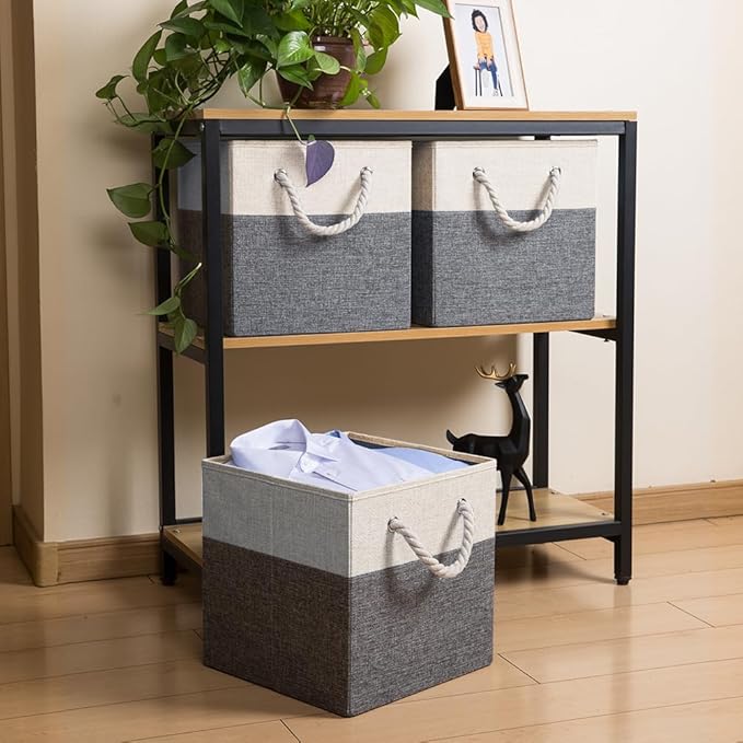 PRANDOM Large Foldable Cube Storage Bins 13x13 inch [2-Pack] Fabric Linen Storage Baskets Cubes Drawer with Cotton Handles Organizer for Shelves Nursery Closet Bedroom White and Grey