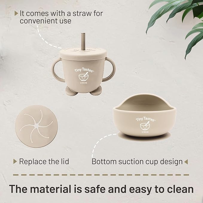 Tiny Tastes 10-Piece Silicone Baby Feeding Set – BPA-Free, Spill-Proof Suction Plate, Bowl, Bib, Snack Cup & Utensils | Dishwasher Safe, Baby Gift Ready (Beige)