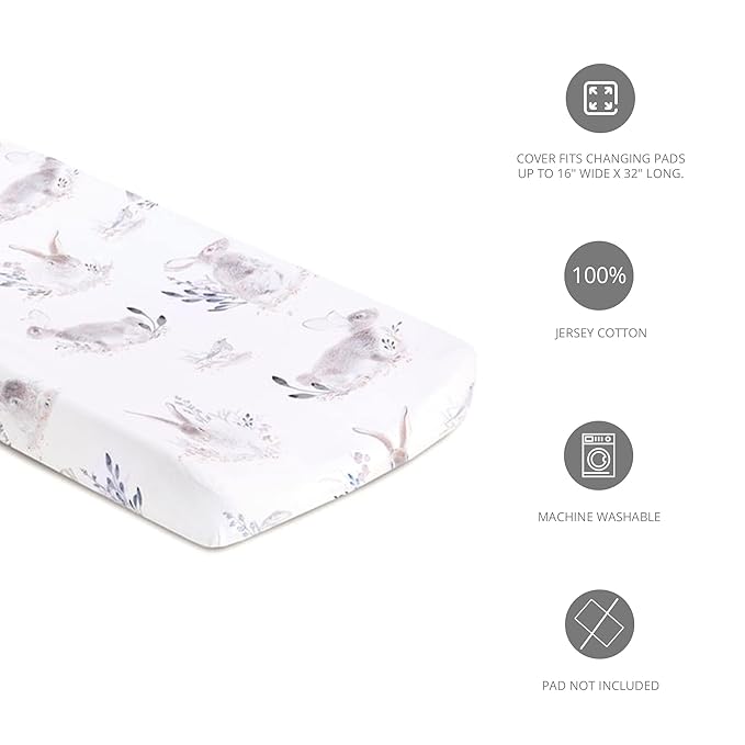 Oilo Changing Pad Cover, Breathable Turkish Cotton Fitted Jersey, 300 Thread Count, Machine Washable, Fits Standard Changing Pads (32" x 16"), Girl, Boy, & Neutral Nursery Design, Cottontail
