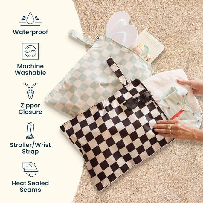 Tiny Twinkle Mess Proof Wet Bags | 2-Pack Reusable Waterproof Wet Bags for Swimsuits | Baby Clothes | Travel & Diaper Bag (Blue, Black Checkers)