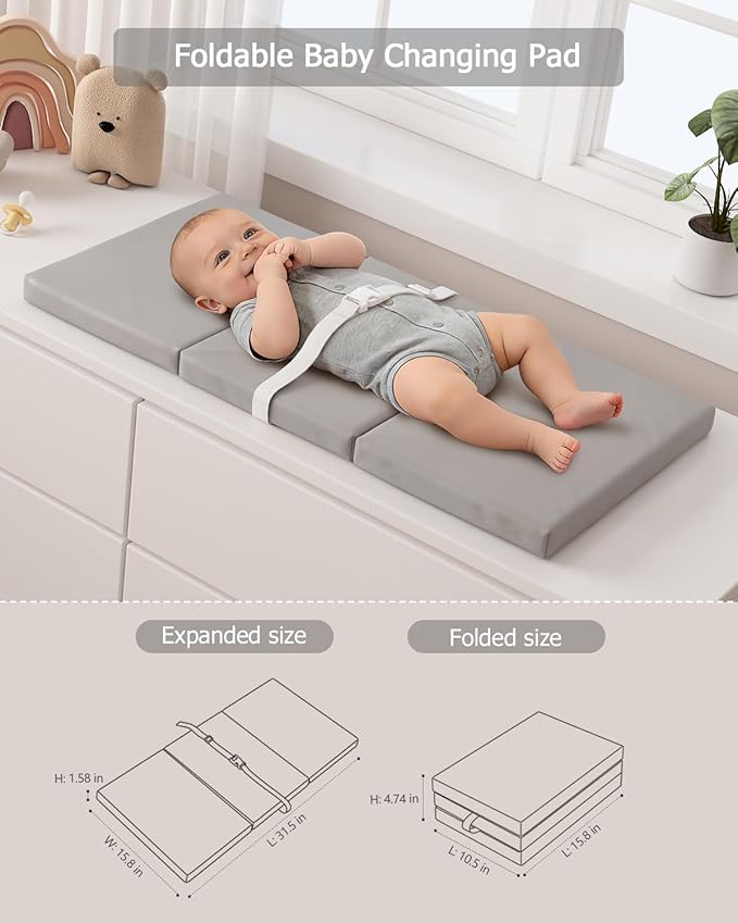 YACODAVO Foldable Baby Changing Pad with Vegan Leather Cover, Standard Side Waterproof & Wipeable Changing Pad for Toddler, Flat Foam Travel Diaper Changing Pad for Dresser and Table, Grey