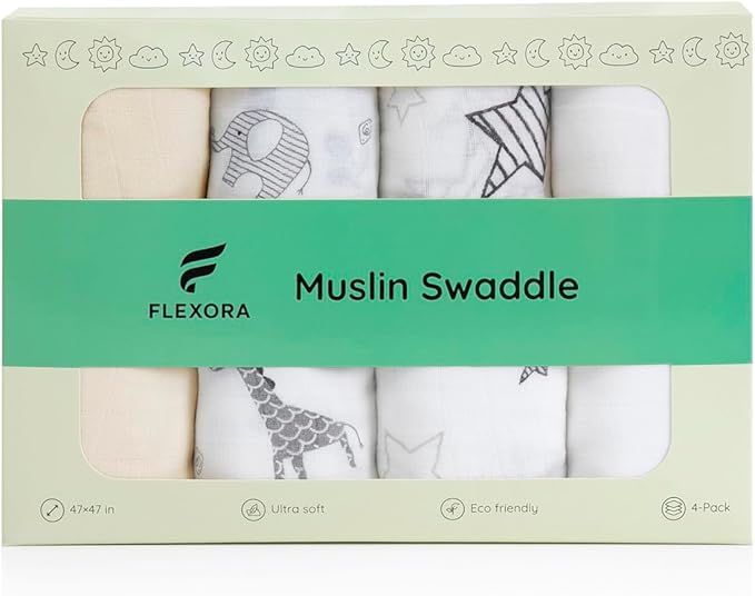 Muslin Swaddle Blankets for Baby Boys and Girls, 4-Pack Breathable and Skin-Friendly Receiving Blanket Wrap, Baby Essentials, Registry & Gift, 47 x 47 inches (Monochrome Safari)