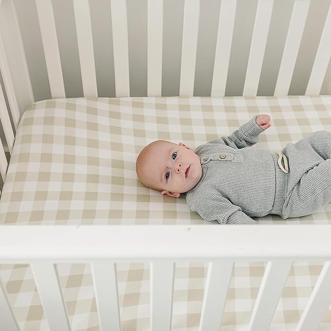 Pobibaby – 2 Pack Crib Sheets for Boys, Premium Fitted Baby Boy Crib Sheets for Standard Crib Mattress – Ultra-Soft Jersey Knit, Safe and Snug, Stylish Design (Gingham Khaki)