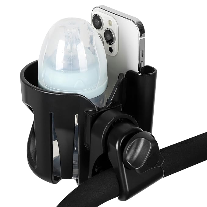 Accmor Universal Cup Holder with Hook, Stroller Cup Holder with Phone Holder, 360° Rotatable Large Caliber Designed Bottle Holder for Stroller, Bike, Wheelchair, Walker, Scooter