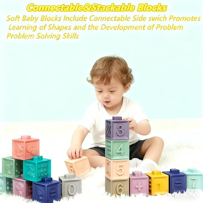 Baby Montessori Sensory Toys for 0-6 6-12 Months, Teething Toys for Babies 0 3 6 9 12 18 Months, Infant, Newborn Rattle Teether, Blocks, Soft Stacking Rings, Ideal Baby Boy Girl Gifts Set