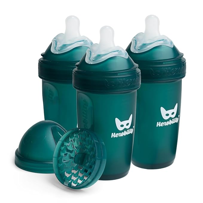 Herobility Anti-Colic Baby Bottles 8.5 fl oz/240ml - Pack of 3 Plastic Baby Bottles, Slow Flow Plastic Bottles, Breast-Shaped Teat for Breastfed Babies, Small Baby Bottles, Swedish Design, Dark Green