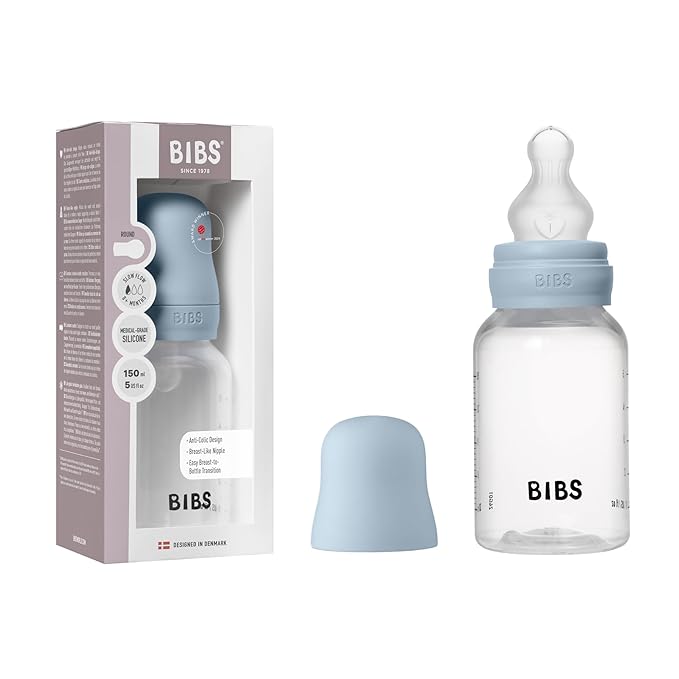 BIBS Baby Bottle 5 oz / 150 ml Silicone Nipple - Anti-Colic, BPA-Free, Round Nipple, Slow Flow, Lightweight & Easy to Clean, Suitable for Newborns 0+ Years - Baby Blue