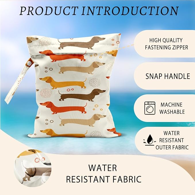 Dog Wet Bags 12x10 Inch, Cute Dachshund Waterproof Travel Laundry Bags, Washable Reusable Wet Dry Bag for Swimsuit Pool Beach Diapers Dirty Yoga Gym Clothes, Dog Gifts for Women Friend Travelers