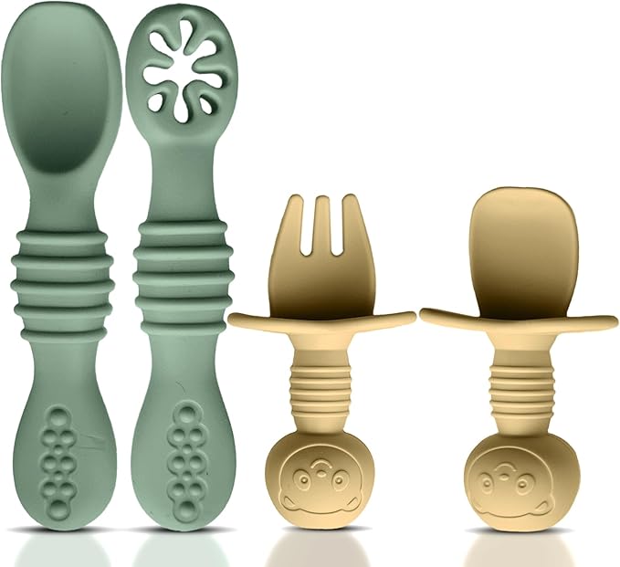 HippoBaby 4pc Silicone Baby Spoons Self Feeding Baby Utensils 6-12 Months - 3 Baby Spoon - 1 Baby Fork - Toddler Cutlery Set - BPA Free, Dishwasher Safe - Baby Eating Essentials (Green/Yellow) - Small