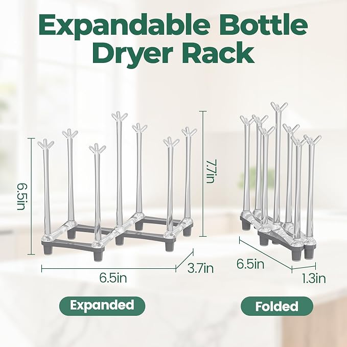EsLuker.ly Baby Bottle Drying Rack Plastic Vertical Dryer Holder, Foldable Space Saving for 12 Milk Glass Bottle Countertop, Drain Stand Shelf for New Parents