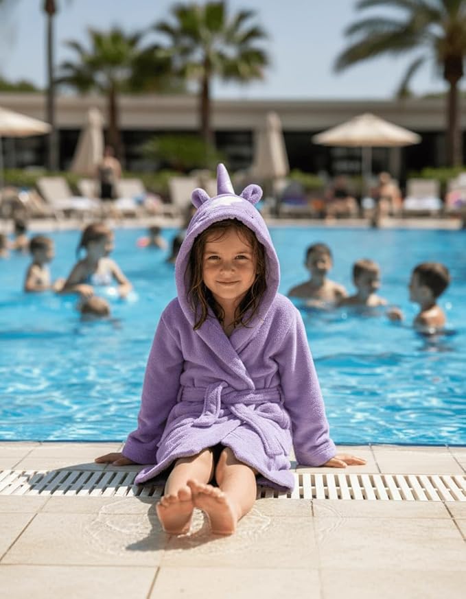 BAGNO MILANO Kids Organic Turkish Cotton Hooded Beach Cover-Up Towel, GOTS Certified, for Boys and Girls (Unicorn Purple, 5-6 Years)