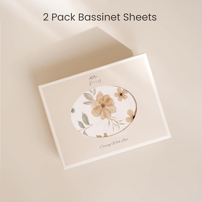 Konssy 2 Pack Muslin Fitted Bassinet Sheets for Baby Girl Boy, Soft Breathable Baby Bassinet Sheets Fit for Bassinets, Cradle, Moses Basket Oval Rectangle Pad/Mattress (Peach,Floral)