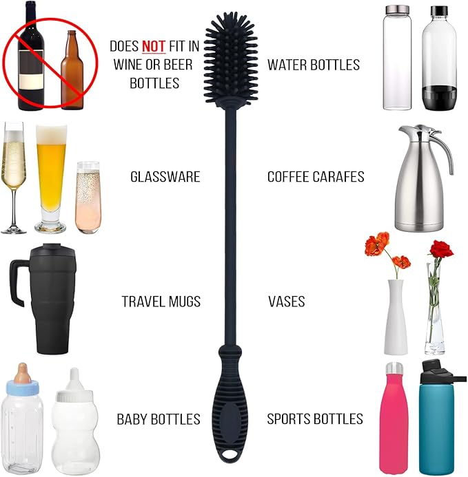 Kitchiny 12.5" Silicone Bottle Brush & Straw Cleaner Brush Set | Water Bottle Cleaner for Hydro Flasks, Tumblers, Glassware, Vases and Narrow Neck Containers