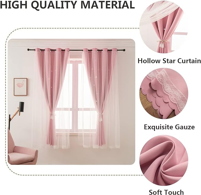 Girls Curtains for Living Room Bedroom Curtain Double Layer Blackout Curtains 63 Inch Length Star Cutout Pink Curtain Window Drapes for Nursery (Pink, 34W x 63L,2 Panels)
