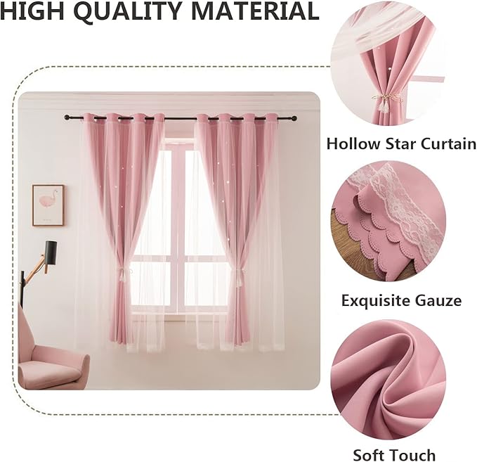 Pink Curtains for Girls Bedroom Solid Window Treatment Set Grommet Top Light Blocking Blackout Curtain for Living Room/Bedroom 2 Panels 52 x 54 inch Pink