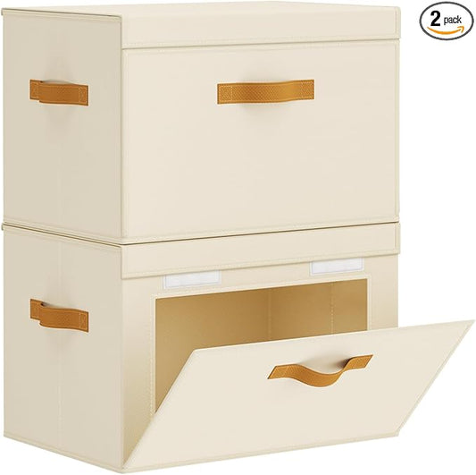 Large Storage Bins with Lids - Front Opening Fabric Storage Bins, Flap Closet Organizer with Handles, Collapsible Boxes with Lid, Decorative Basket for Home, Dorm, 2 Pack, Beige
