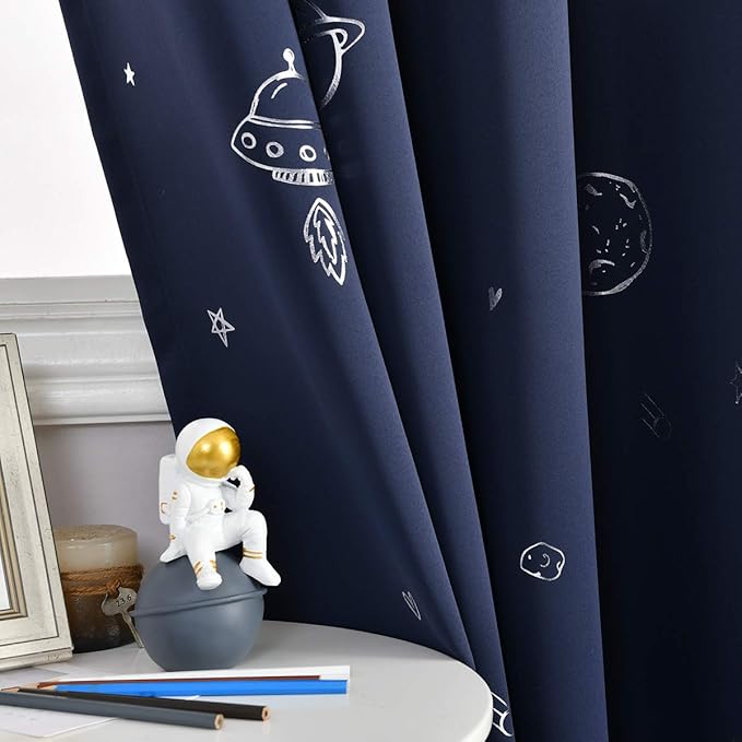 Vangao Navy Blue Kids Curtains for Boys Bedroom Space Theme Blackout Curtains for Kids Nursery Girls Room 63 Inches Length Silver Foil Print Drapes Grommet Top Window Treatments Set 2 Panels