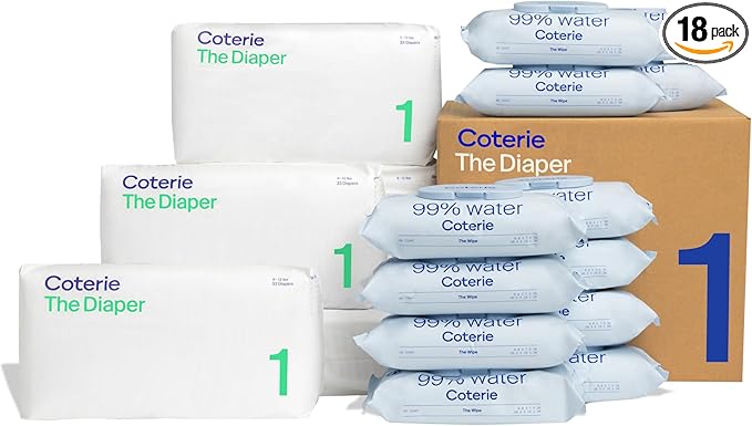 Coterie Baby Wipes + Diapers Kit, Size 1 Diapers (198 Count) & 12 Pack (672 Count) Baby Wipes with 99% Water, Plant Based Materials, Hypoallergenic for Sensitive Skin
