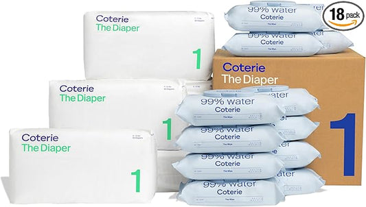 Coterie Baby Wipes + Diapers Kit, Size 1 Diapers (198 Count) & 12 Pack (672 Count) Baby Wipes with 99% Water, Plant Based Materials, Hypoallergenic for Sensitive Skin