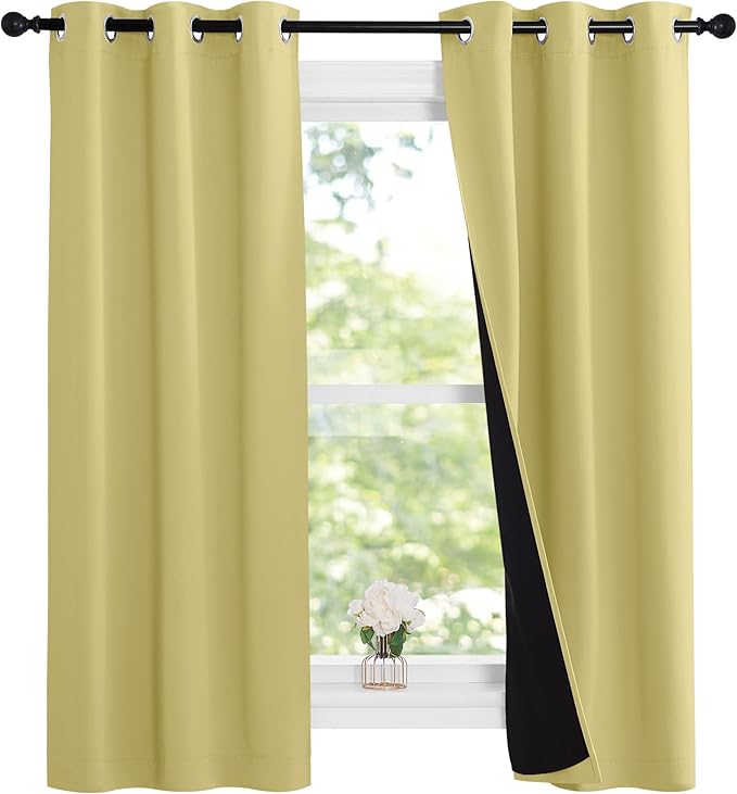 NICETOWN 100% Blackout Short Curtains with Black Liners, 2 Panels, 37" W by 60" L, Paler Yellow, Thermal Insulated Full Blackout 2-Layer Lined Drapes, Energy Efficiency Window Draperies for Bedroom