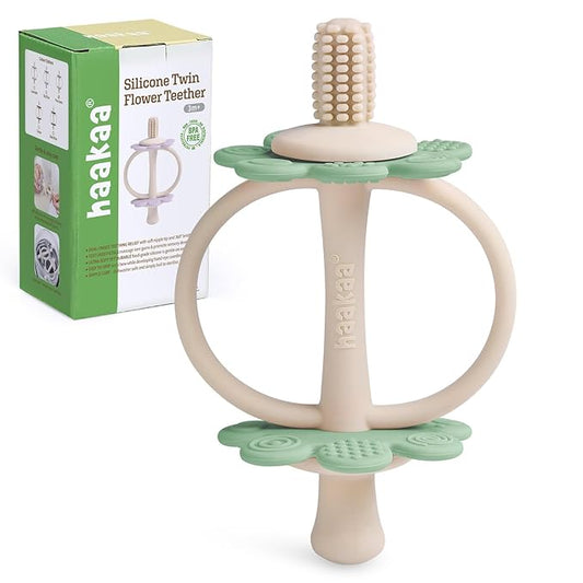 haakaa Silicone Baby Teething Toys,Nipple-Shaped End for Gum Massage,360° Baby Toothbrush Head for Self-Brushing Training,Easy to Grip-Pea Green