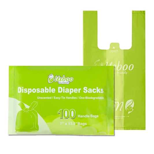 Biodegradable Disposable Diaper Bags, 100 Count, 10 Ounce Capacity, Easy-Tie Handles, Convenient and Eco-Friendly