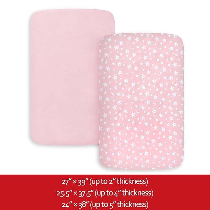 Pack and Play Sheets Girl, 2 Pack Mini Crib Sheets, Stretchy Playard Fitted Sheet, Compatible with Graco Pack n Play, Soft and Breathable Material, Pink&Pink Stars