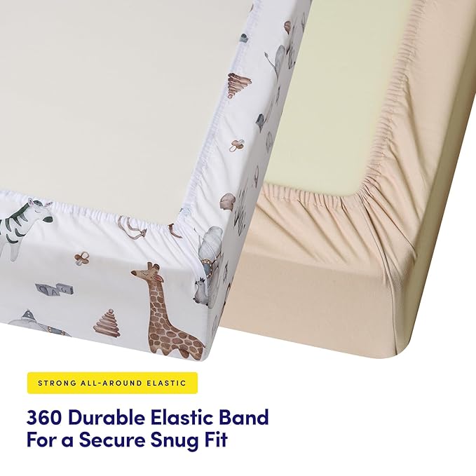 2 Pack Crib Sheets for Boys & Girls – Snug Full Elastic Fit for Standard Crib Mattresses (28″×52″) – Stylish Zoo Animals, Feathers & Arrowhead, Gingham & Petals, Watercolor Vines Prints, Zoo Animals