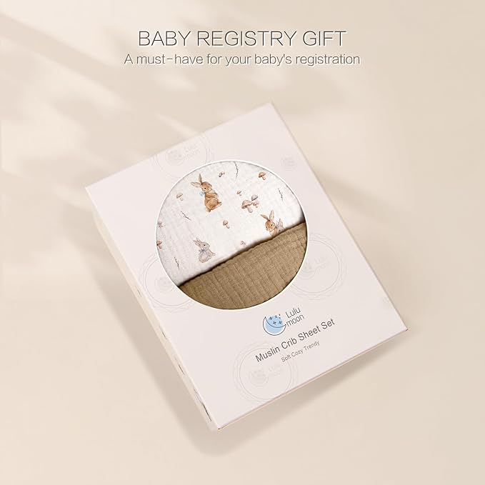 lulumoon Baby Muslin Crib Sheets: Soft & Breathable Fitted Crib Sheets for Boys and Girls - Khaki Bunny Sheets for Standard Crib 2Pack