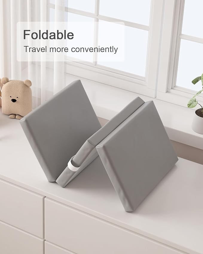 YACODAVO Foldable Baby Changing Pad with Vegan Leather Cover, Standard Side Waterproof & Wipeable Changing Pad for Toddler, Flat Foam Travel Diaper Changing Pad for Dresser and Table, Grey