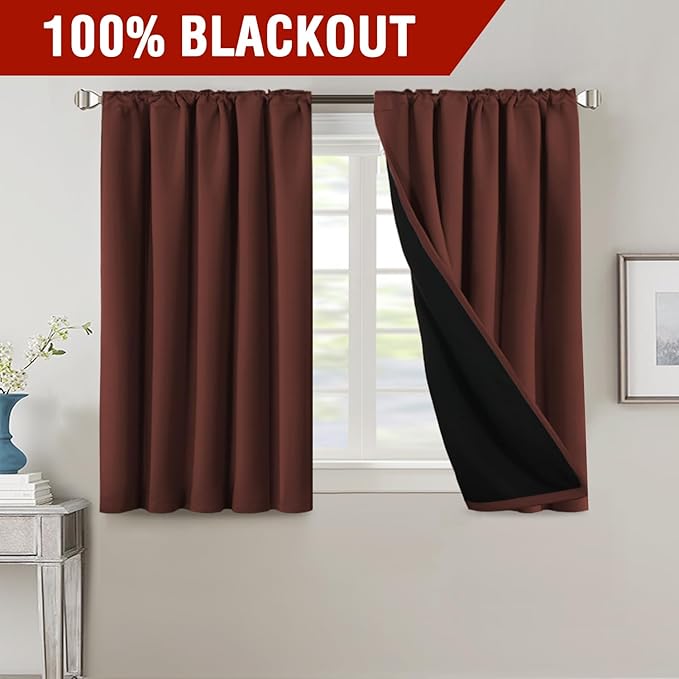 H.VERSAILTEX 100% Blackout Curtains for Bedroom with Black Liner Full Room Darkening Curtains 45 Inch Long Thermal Insulated Back Tab/Rod Pocket Window Drapes for Living Room, 2 Panels, Rust