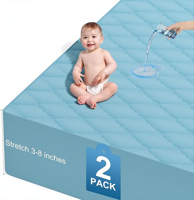 2Pack Waterproof Crib Sheets for Boy, Girl - Cotton 52X28 Fitted Crib Sheets Crib Mattress Protector Sheets,Soft Toddler Bed Sheets,Washable Infant Fitted Baby Bed Sheets (Blue, 52X28inch)