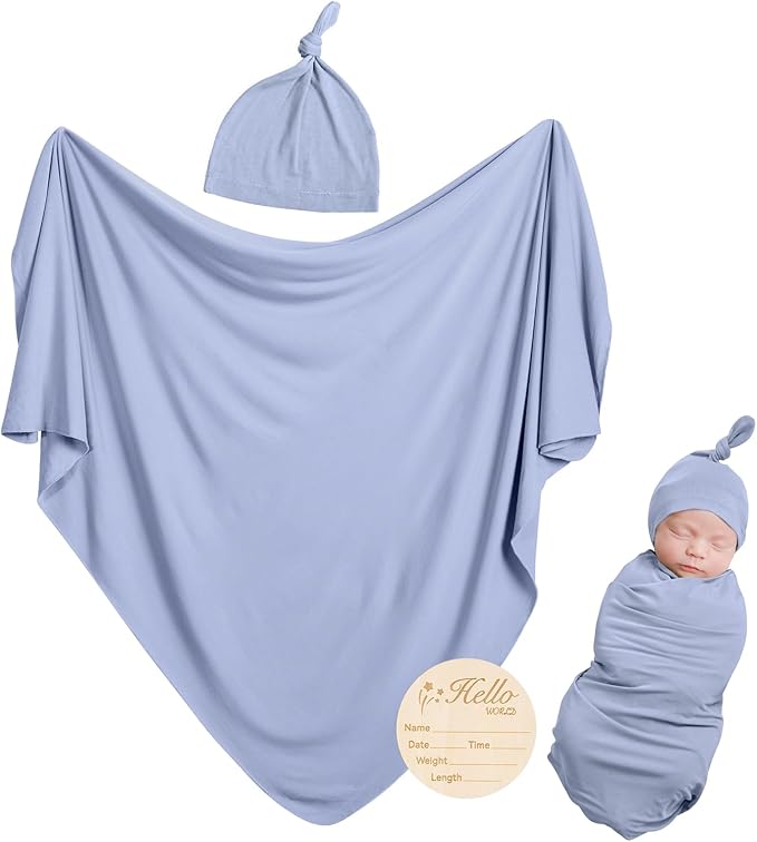 Rayon Made from Bamboo Newborn Swaddle Blanket Set with Matching Beanie, Super Soft Stretchy Baby Clothes Outfit for Girl Boy, Receiving Blankets Newborn Essentials, 35 x 35 Inch